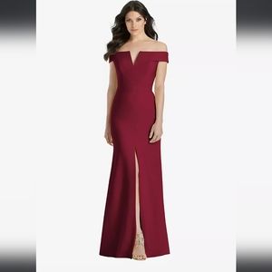 NWT Dessy Collection 3038 Off-Shoulder Notch Trumpet Gown Front Slit. Burgundy